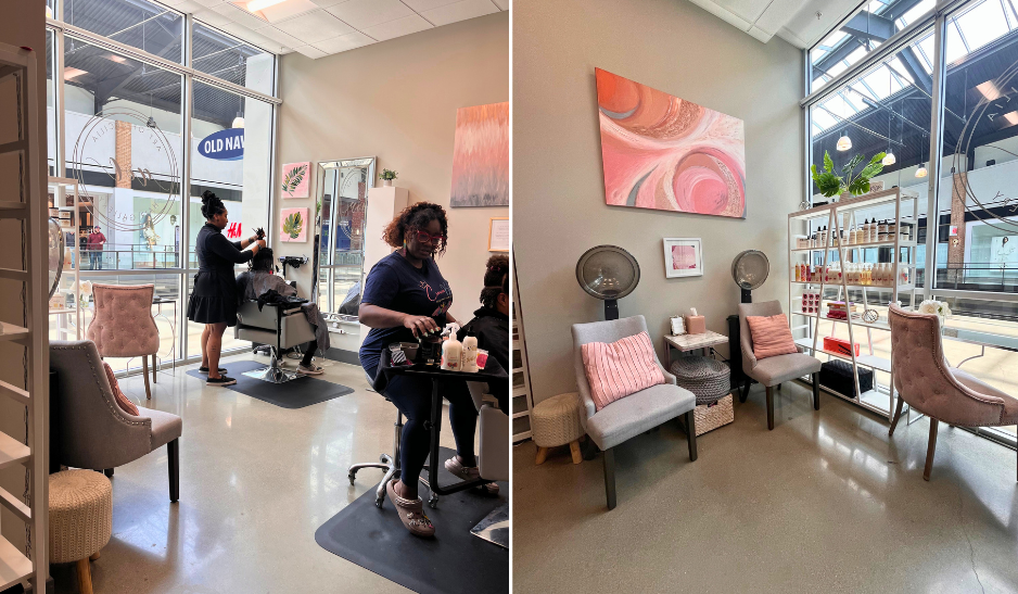 Split image of a hair salon suite with stylists working and a waiting area with pink accent chairs and salon products."