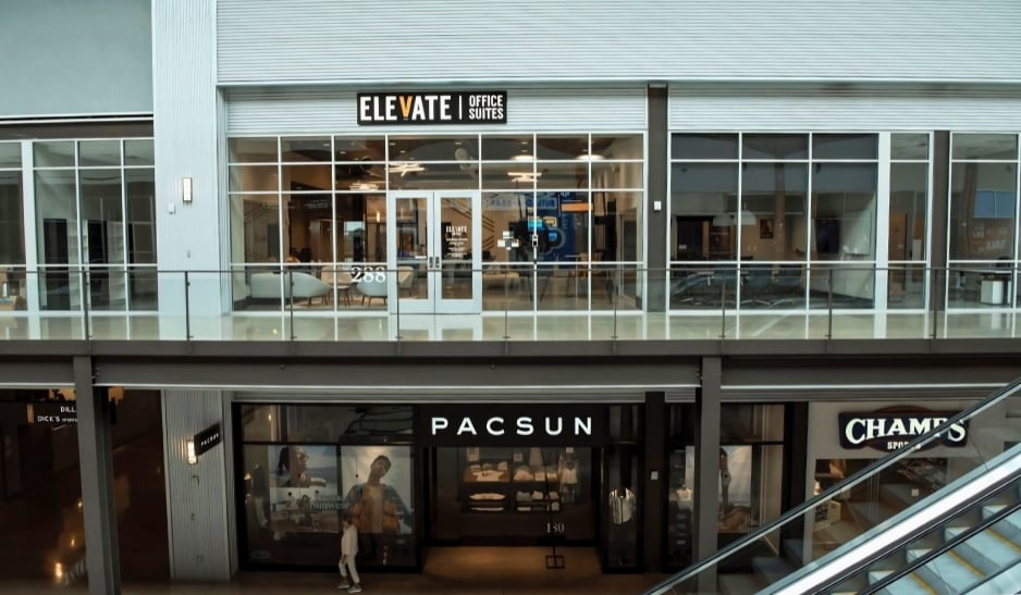Storefront view of Elevate Office suites located above PacSun and Champs Sports.